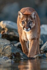Majestic cougar walks near water, surrounded by rocks
