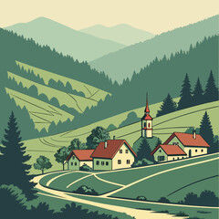 Village in green valley with church and houses rolling hills