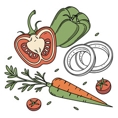 Colorful cartoon vegetables including carrot onion tomato and bell pepper