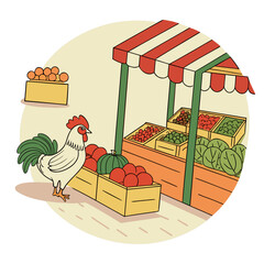 Rooster standing next to a fruit and vegetable stand