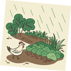 White Chicken Standing in Rainy Garden with Green Plants