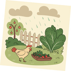 Chicken standing next to a basket of vegetables on a rainy day in a garden
