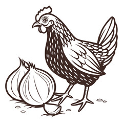 Brown chicken standing next to onion bird fowl