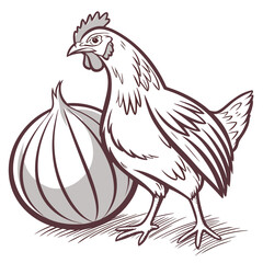 Brown line of a chicken standing next to an onion line animal