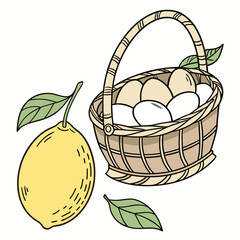 Cartoon of eggs in basket and lemon with leaves