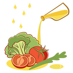 Pouring oil on vegetables broccoli tomato healthy
