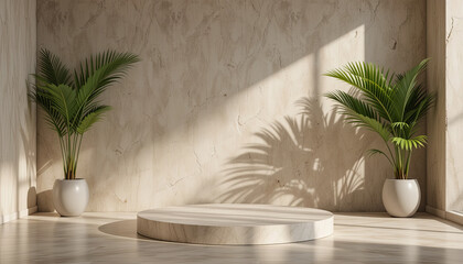 Natural light fills a spacious room with potted plants and a round platform in the center during daylight hours