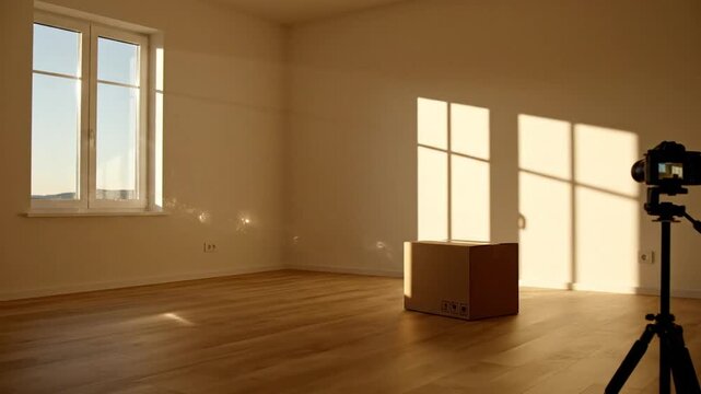 Bright empty room with natural sunlight, dramatic window shadows on wooden floor, and camera on tripod for shooting