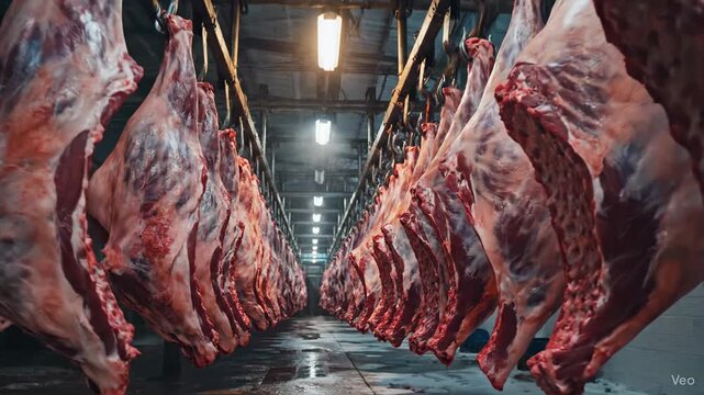 Hanging Beef Carcasses in a Meat Processing Plant, Showcasing Raw Product