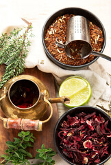 Herbal tea with medicinal herbs and flowers.