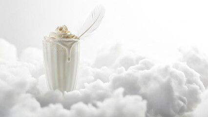Milkshake with feather on cloud backdrop representing Cloud Dancer Color of the Year 2026 for serene and ethereal concepts