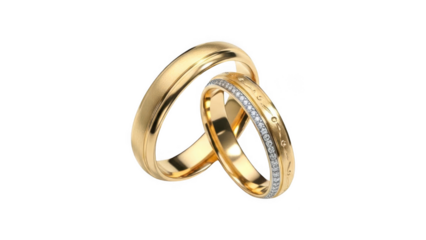 Two gold wedding bands with one featuring diamonds on white gold tshirt design isolated on transparent background