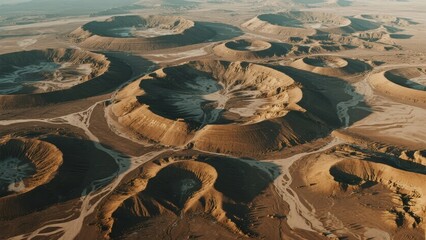 Aerial view of desert landscape featuring numerous circular sinkholes and eroded formations