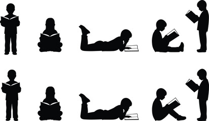 Children reading silhouettes, black figures, sitting and standing pose, book lovers, minimal design, literacy theme, study posture, learning activity, education concept