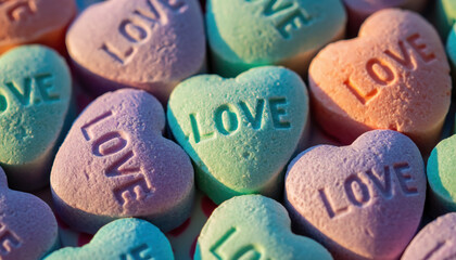 Romantic macro pattern of pastel color candy heart with text love. sweet and colorful food background perfect for conveying message of affection and feeling
