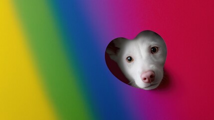 Fototapeta premium White puppy peeking through heart-shaped cutout in colorful rainbow background