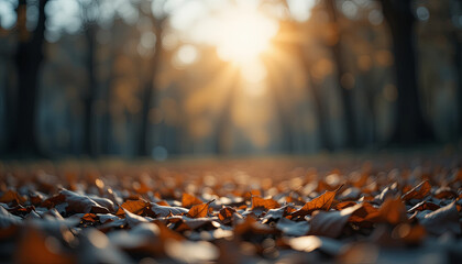 Golden sunlight filters through trees onto fallen leaves in an autumn park at dusk