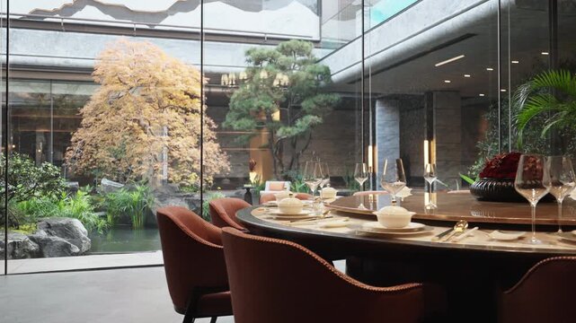 Elegant dining setup by garden view