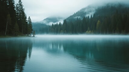 Misty mountain lake surrounded by dense evergreen forest under overcast sky