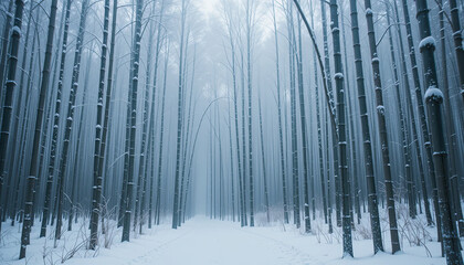 Snow covers a narrow path through tall trees in a foggy winter forest