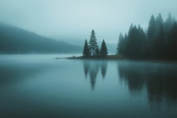 Misty lake with pine trees reflected in calm water, surrounded by forested hills