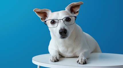 Cute white dog wearing glasses on a blue background