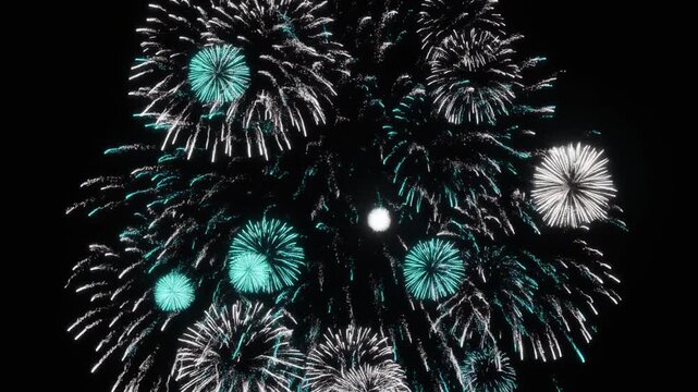 inematic animation, silent abstract fireworks made of fine white and cyan light filamen