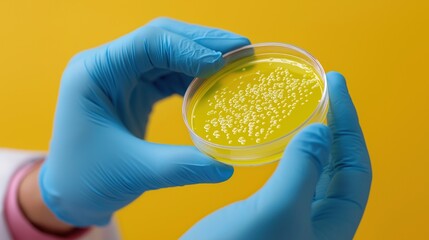 Scientist holding yellow agar petri dish with bacterial colonies in laboratory