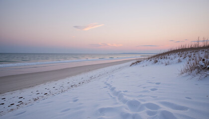 Winter beach scene at sunrise with snow on the sand and waves on the shore