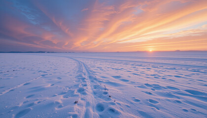 Bright sunset over snow-covered land with track leading into distance