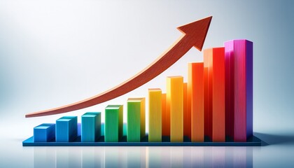 a vivid 3d bar graph with an upward pointing arrow symbolizing positive trends and market growth displayed on a white background for clear visualization