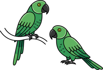 Cute Green Parrot Illustration Set Featuring Two Tropical Bird Characters Perched and Standing for Nature, Wildlife, Kids Education, and Mascot Design