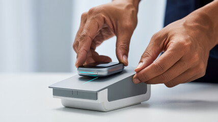 Medical and Technology. A person is using a device to scan or charge a smartwatch, showcasing modern technology and convenience.