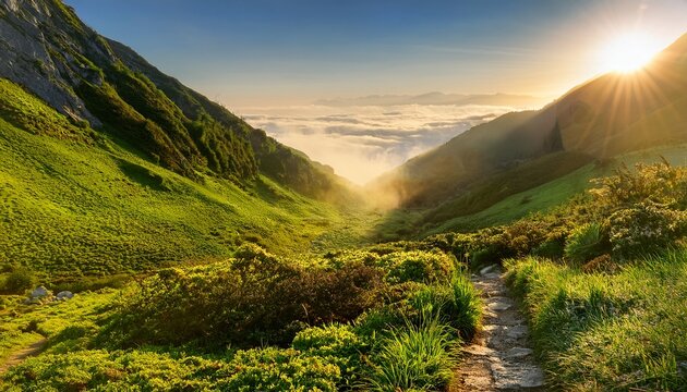misty mountain valley entrance with lush greenery and golden sunlight