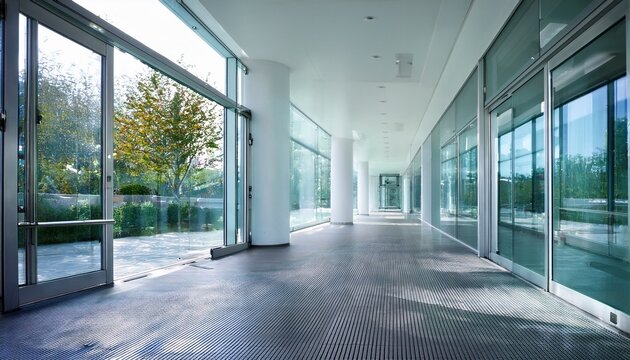 modern automatic glass doors in a bright hallway