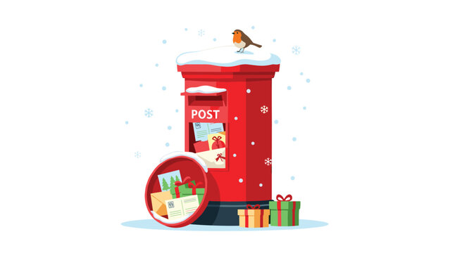 Festive red postbox overflows with christmas letters and gifts, topped with a cheerful robin in a winter wonderland scene.