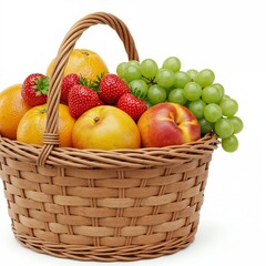 Close-Up Handcrafted Wicker Basket with Fresh Ripe Fruits on White Background