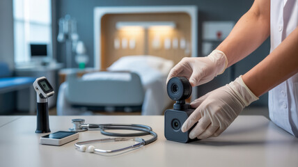 Medical and Technology. A healthcare professional is assembling a medical device in a hospital setting, with various tools laid out on a table.