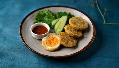 delicious indonesian pempek telur a savory fish cake with a boiled egg filling served with a sweet and sour sauce and pickled cucumber