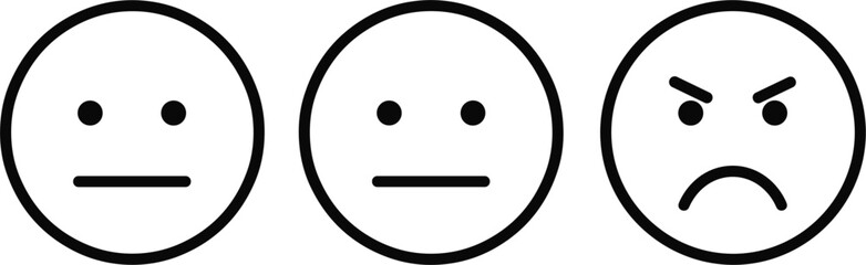 Three Emoticon Faces Showing Neutral and Angry Expressions on White Background emotion