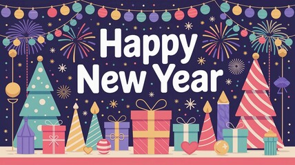 Happy new year vintage 2d flat background with garland, gift boxes  and firework