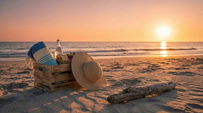 A wooden crate filled with a towel, bottle, and snacks sits on the sand next to a straw hat and driftwood during a warm sunset at the beach, representing a rustic evening picnic.
