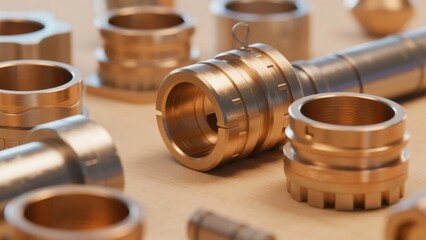 Close-up of brass mechanical components and fittings on a work surface