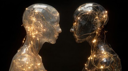 Digital Souls: Two human form sculptures glow, linked by intricate light networks, reflecting interconnectedness. Revealing a profound bond within a futuristic, ethereal realm.