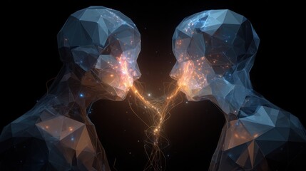 Digital Connection: A mesmerizing artistic representation of interconnectedness, two translucent human heads exchange energy, symbolizing the potent power of communication and the digital age.
