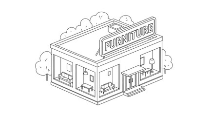 Isometric illustration of a furniture store facade with a sign and surrounding cloud shapes