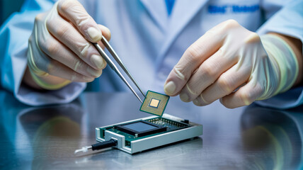 Medical and Technology. A person in gloves delicately places a microchip onto a device, showcasing precision in technology and electronics.