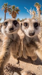 Two meerkats taking a selfie in a desert landscape