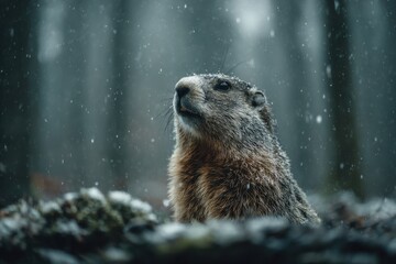 Obraz premium Groundhog standing upright in snowy forest clearing