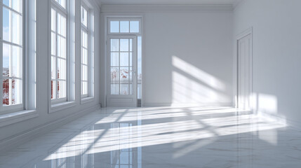 Obraz premium An empty, sunlit room with large windows and a door, the scene is bathed in natural light and cast with shadows